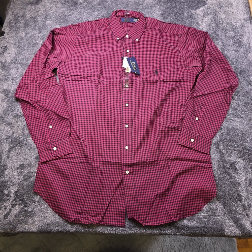 Polo Ralph Lauren Gingham Plaid Twill‎ Shirt Mens L Tall Red Black Buffalo Check